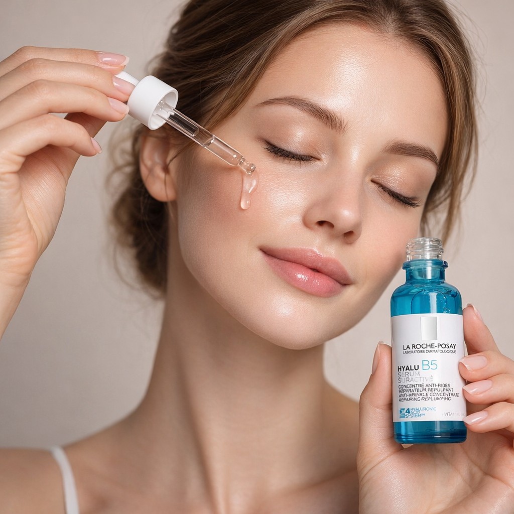 Mujer aplicando el sérum ROs Hyalu B5 con gotero